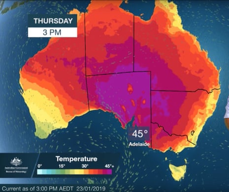 The extreme heatwave forecast map for Thursday. Adelaide’s all-time temperature record has been broken as hot weather sweeps across South Australia, Victoria, Tasmania and NSW.