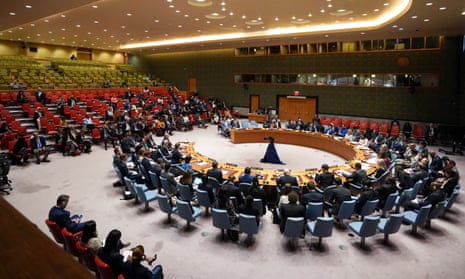 Members of the UN security council gather for an emergency meeting in New York on 14 April.