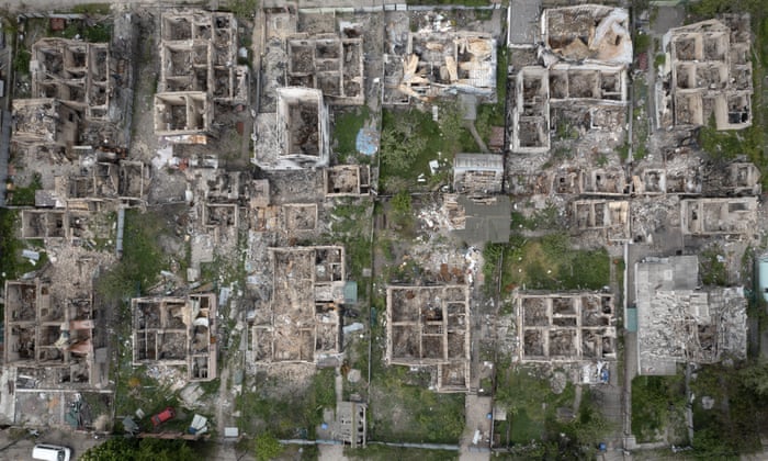 An aerial view of a residential area ruined by Russian shelling, in Irpin, on the north-west outskirts of Kyiv.