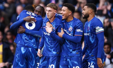 Chelsea FC v Liverpool FC - Premier League<br>LONDON, ENGLAND - MAY 4: Cole Palmer of Chelsea celebrates their third goal with Jadon Sancho of Chelsea during the Premier League match between Chelsea FC and Liverpool FC at Stamford Bridge on May 4, 2025 in London, England. (Photo by Jacques Feeney/Offside/Offside via Getty Images)