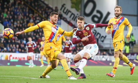 Johann Gudmundsson, Burnley’s most impressive performer, gets in a shot during his side’s 3-2 home win over Crystal Palace.