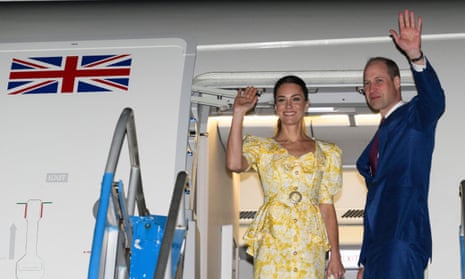 The Duke and Duchess of Cambridge wave before their departure in the Bahamas, at the end of an eight-day Caribbean tour.