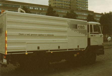 A poem by Roland Jooris, on the side of a Roteb garbage truck as part of the Poetry International project in 1988, reads: ‘Thanks, just some applause is enough’. Photograph: Rotter
