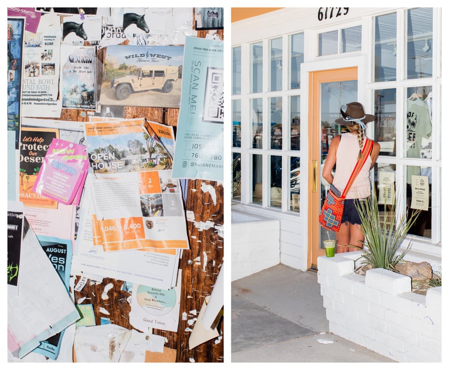 Left: A bulletin board with flyers advertising new homes and businesses. Right: A woman window-shops in Joshua Tree.