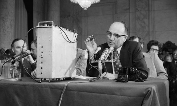 James McCord demonstrating some of the telephone bugging equipment that was used to the Senate Watergate committee in 1973.