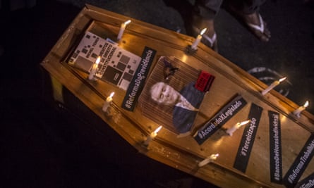 A photograph of Michel Temer, president of Brazil, on a mock coffin during a protest in Rio de Janeiro last month.