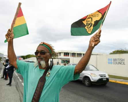 A demonstrator waves flags