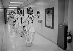 Frank Borman leads the way as he and fellow Apollo 8 astronauts James A Lovell Jr and William A Anders head to the launch pad in 1968.