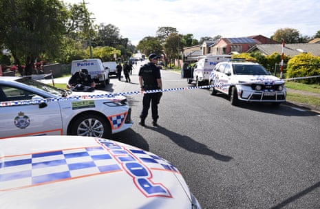 Police at the scene of the fatal shooting in Oxley, Brisbane