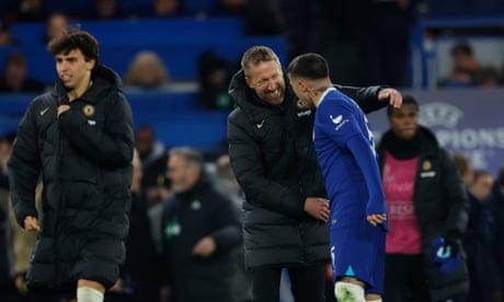 Graham Potter celebrates at full-time with Enzo Fernandez - Chelsea v Borussia Dortmund, UEFA Champions League, Round of 16, Second Leg, Football, Stamford Bridge, London, UK - 07 Mar 2023 (Photo by Tom Jenkins)