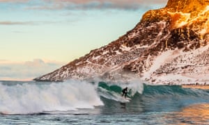 Arctic surfing, Unstad Beach, Lofoten Islands, Arctic, Northern Norway.