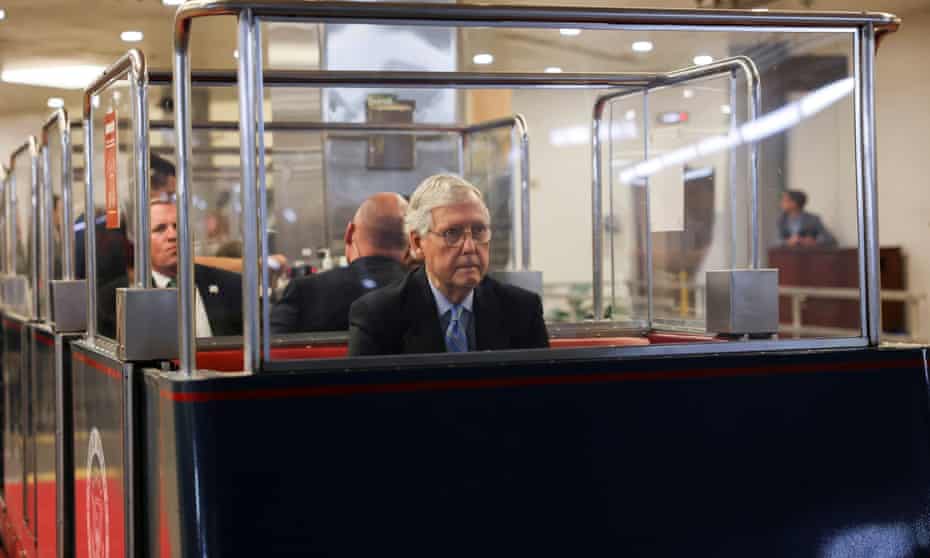 Mitch McConnell arrives in a Senate subway car for a vote last week.