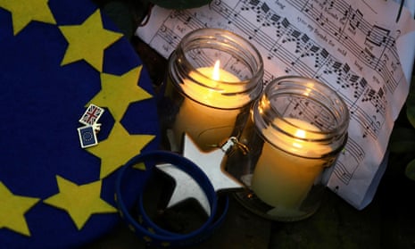 Candles burn next to sheet music for Auld Lang Syne in central London on Brexit day, 31 January.
