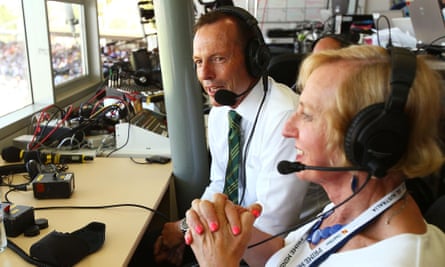 The Australian prime minister, Tony Abbott, sits in with the ABC Radio commentary team with Catherine McGregor to commentate during the international tour match between the Prime Minister’s XI and England in Canberra in 2014.