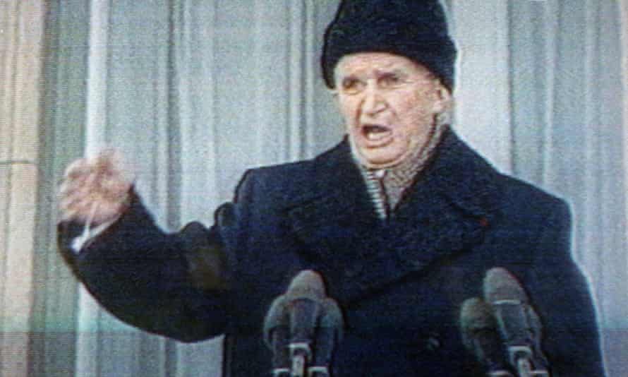 A photo of a television screen of Nicolae Ceaușescu delivering his last public speech from the balcony of the Romanian Communist Party headquarters, 21 December 1989.