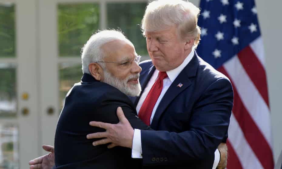Narendra Modi and Donald Trump embrace in 2017 at the White House in Washington.