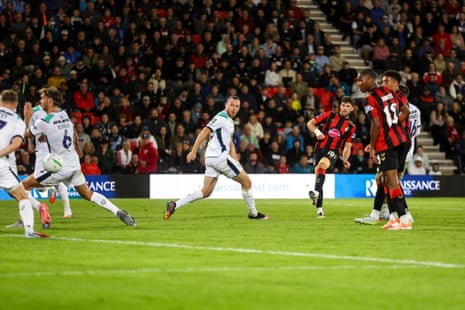 Ryan Christie of Bournemouth scoring to make it 3-0 and complete his hat-trick.