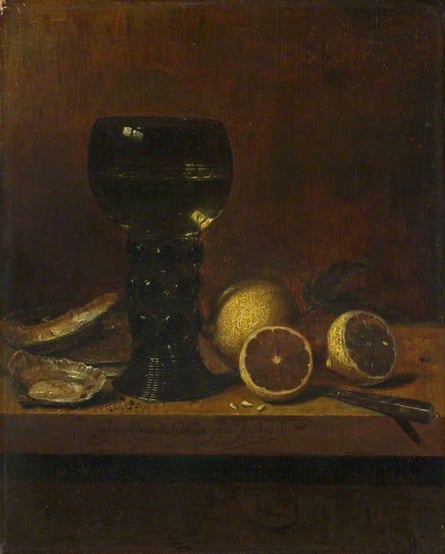 A Goblet of Wine, Oysters and Lemons by Jan van de Velde, 1656
