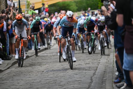 Lewis Askey leads the way on the cobbles in Lincoln.