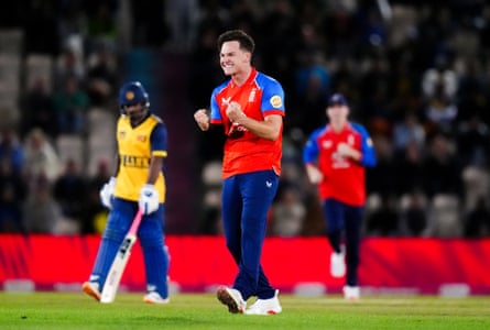 Sonny Baker celebrates as a Sri Lanka batter walks off
