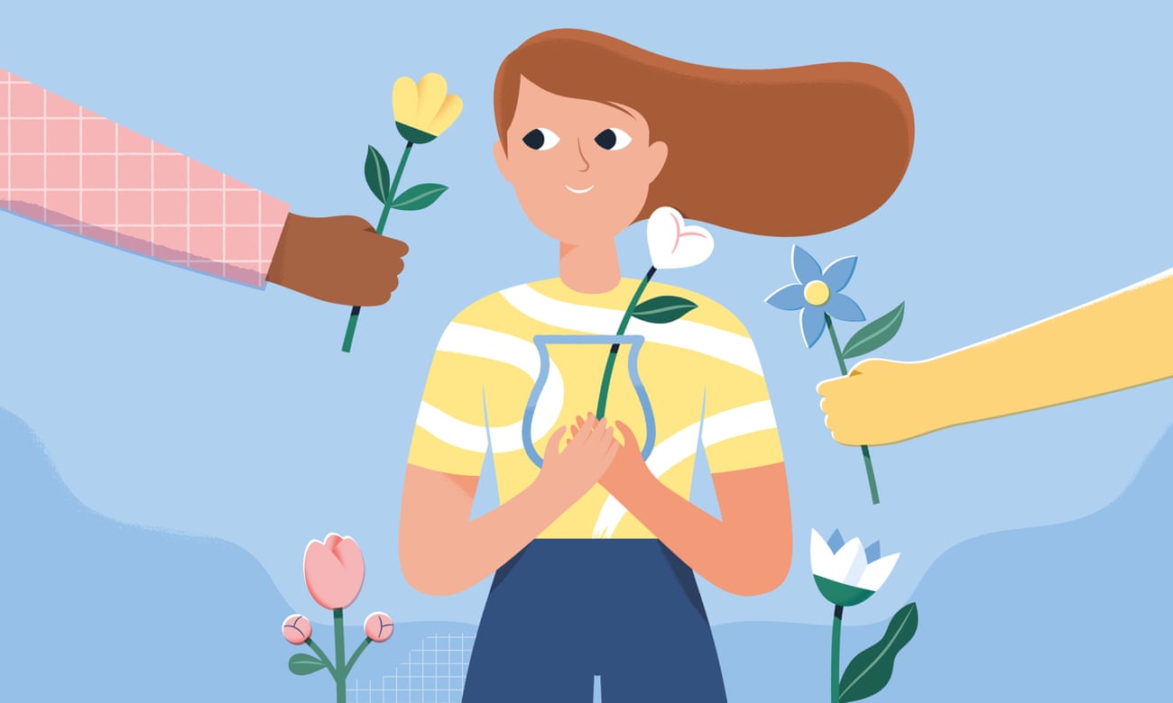 illustration of woman being offered five different flowers