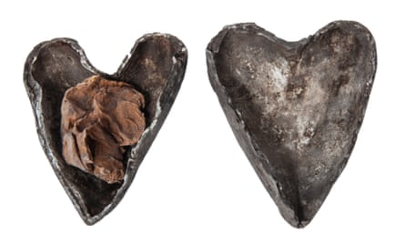 A human heart in heart-shaped lead and silver case, found concealed in the crypt beneath Christ’s Church, Cork, 12th or 13th century – and now in the Spellbound exhibition.