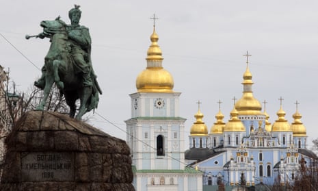 Bohdan Khmelnytsky Monument and St Michael's Cathedral in Kyiv, Ukraine Tuesday.