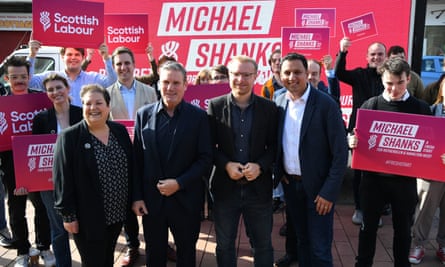 From left: Scottish Labour’s deputy leader, Jackie Baillie, Keir Starmer, Michael Shanks and Anas Sarwar at a party rally in Rutherglen