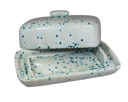 Butter dish with speckled green glaze