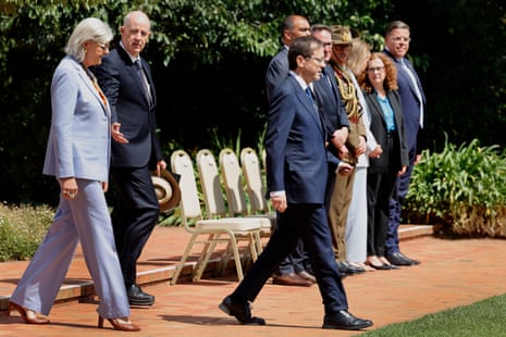 Australian governor general, Sam Mostyn, and Israeli president, Isaac Herzog, arrive for a ceremonial welcome at Government House