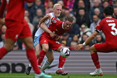 Liverpool’s Alexis Mac Allister tries to retain possession against Crystal Palace.