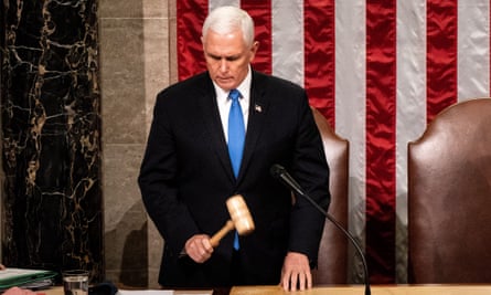 Vice-President Mike Pence resumes presiding over a joint session of Congress to certify the 2020 electoral college results that was interrupted by rioting supporters of Donald Trump on 6 January.