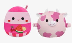 A Squishmallows fruit punch soft toy, left, and Skoosherz’s strawberry cow toy, right