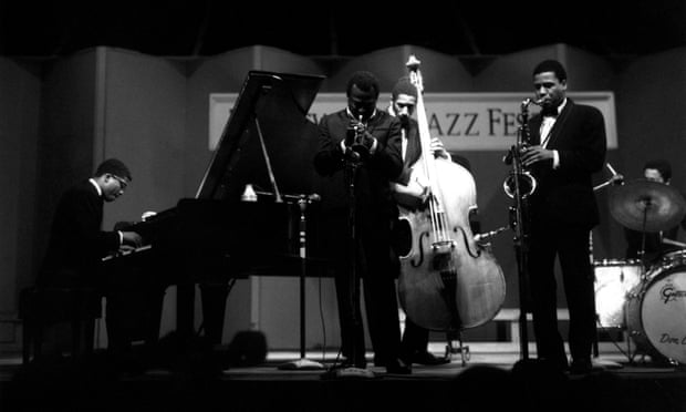 Miles Davis on stage with Herbie Hancock, Ron Carter and Wayne Shorter at the Newport jazz festival in 1967