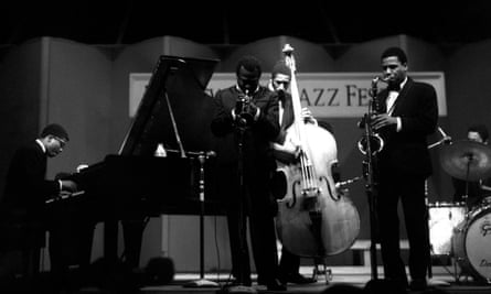 The Miles Davis Quintet – Herbie Hancock, Miles Davis, Ron Carter, Wayne Shorter and Tony Williams – at the Newport jazz festival, 1967.