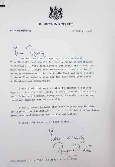 A letter from Margaret Thatcher to the Saudi king.