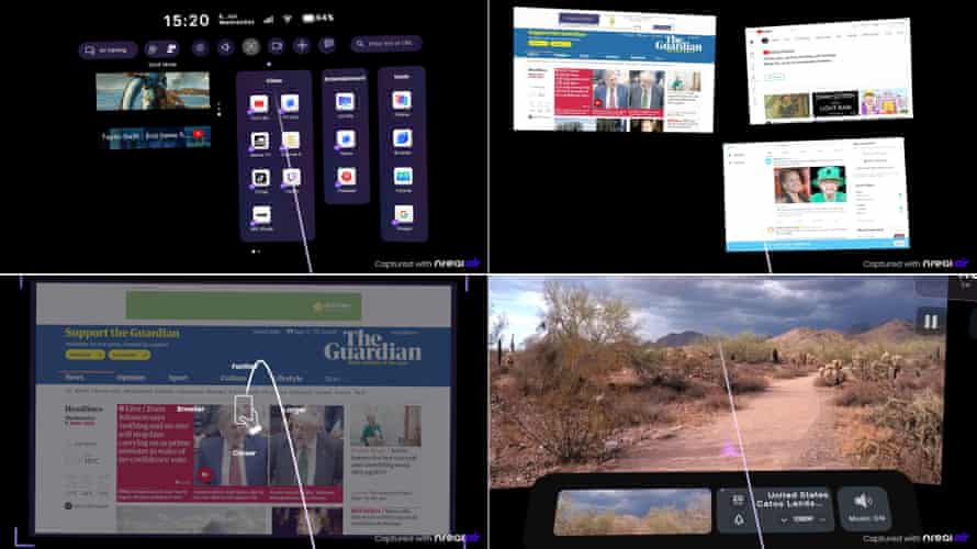 Snapshots showing what is displayed on the goggles, including the home screen (top left), various browser windows (top right), repositioning of a browser window (bottom left), and the cycling experience (bottom right).