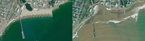 This handout satellite image shows the Capitola wharf on 26 October 2022 compared with a view from 17 January 2023.