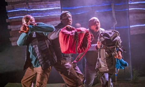 Tyrone Huggins, Trevor Laird and Tonderai Munyevu in Eclipse’s Black Men Walking at the Royal Court, London, in 2018.