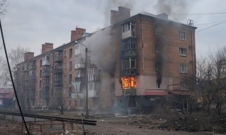 A building damaged by a Russian military strike in Bakhmut.