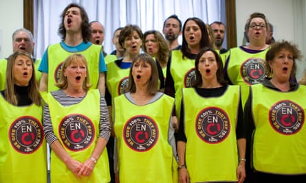 The 44-strong English National Opera chorus sing Hail Poetry from The Pirates of Penzance to launch their campaign to save wages, jobs and, in their eyes, the very future of ENO.