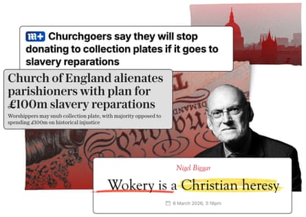 From left; headlines from The Daily Mail, The Sunday Telegraph and The Spectator. Nigel Biggar and St Paul’s Cathedral in the background.