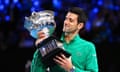 Tennis Australian Open 2020<br>epa08187825 Novak Djokovic of Serbia poses with the Norman Brookes Challenge Cup trophy after winning the men's singles final against Dominic Thiem of Austria at the Australian Open Grand Slam tennis tournament at Rod Laver Arena in Melbourne, Australia, 02 February 2020.  EPA/ROB PREZIOSO AUSTRALIA AND NEW ZEALAND OUT