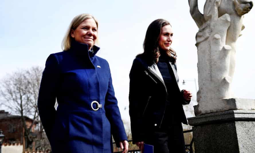 Sweden’s Prime Minister Magdalena Andersson with Finland’s Prime Minister Sanna Marin prior to a meeting in Stockholm, Sweden, April 13, 2022.