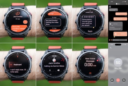 Screenshots of texting and the interface on the Garmin Fenix 8 Pro over LTE.