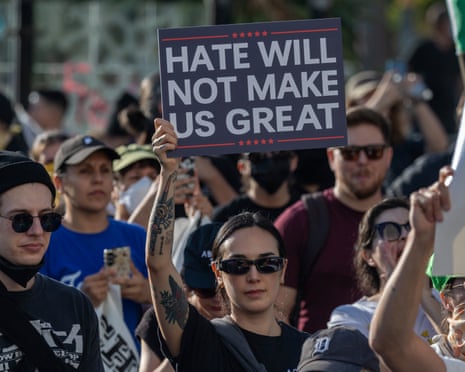 ‘Hate will not make us great,’ in the style of Trump’s presidential campaign.