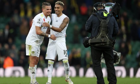 Kalvin Phillips and Raphina of Leeds celebrate Leed’s win over Norwich in October.