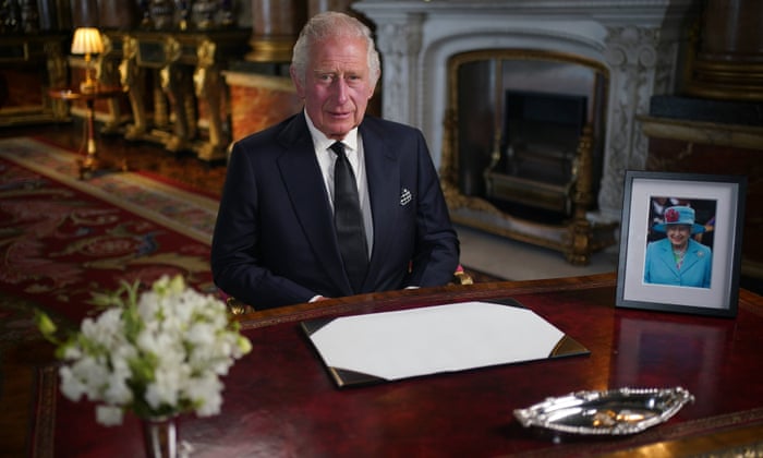 King Charles III gives his address from Buckingham Palace.