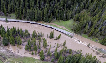 A flooded North Entrance Road of Yellowstone, at Gardiner, Montana.