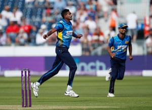 Sri Lanka’s players celebrate the wicket of England’s Sam Billings.